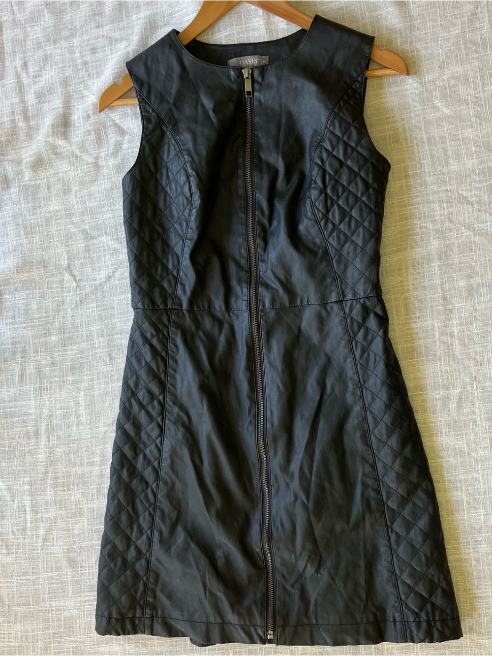 Quilted Faux Leather Full Zip Fit & Flare Sleeveless Midi Dress